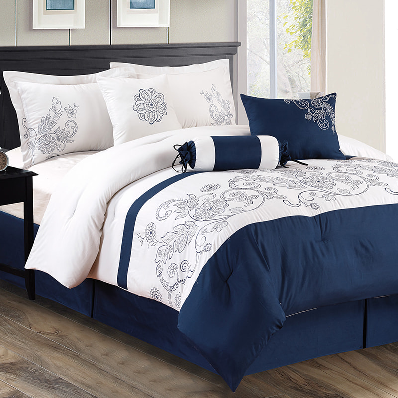 Jessica Dark Blue on White Brished Fabric Embroidered Comforter